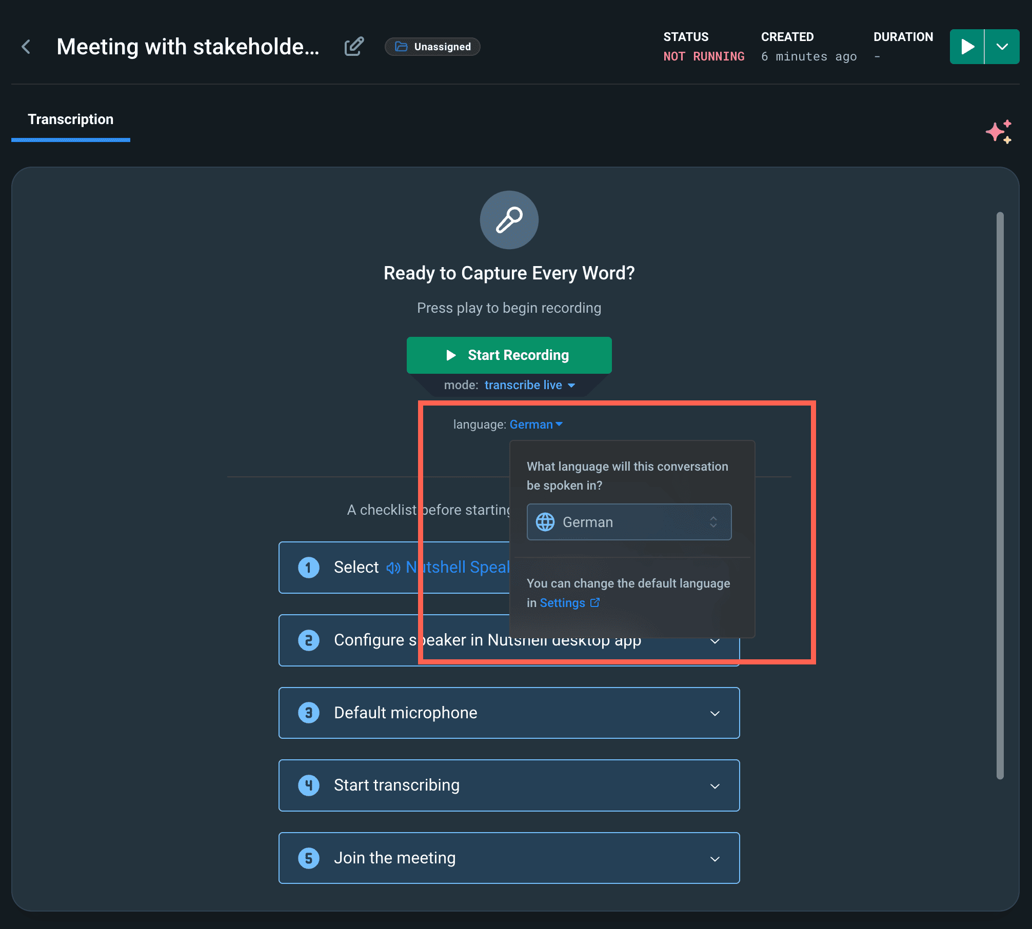 A dropdown menu showing the language selector in Nutshell AI where users can choose from over 100 different languages for transcription